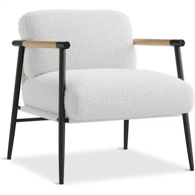 Modern Decorative Chair, Metal Frame and Wooden Armrests, Soft-padded Reading Chair for Bedrooms and Living Rooms, Ergonomic, White Single