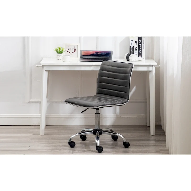 Grey Faux Leather Mid-Back Armless Swivel Task Chair with Lumbar Support for 1 Person