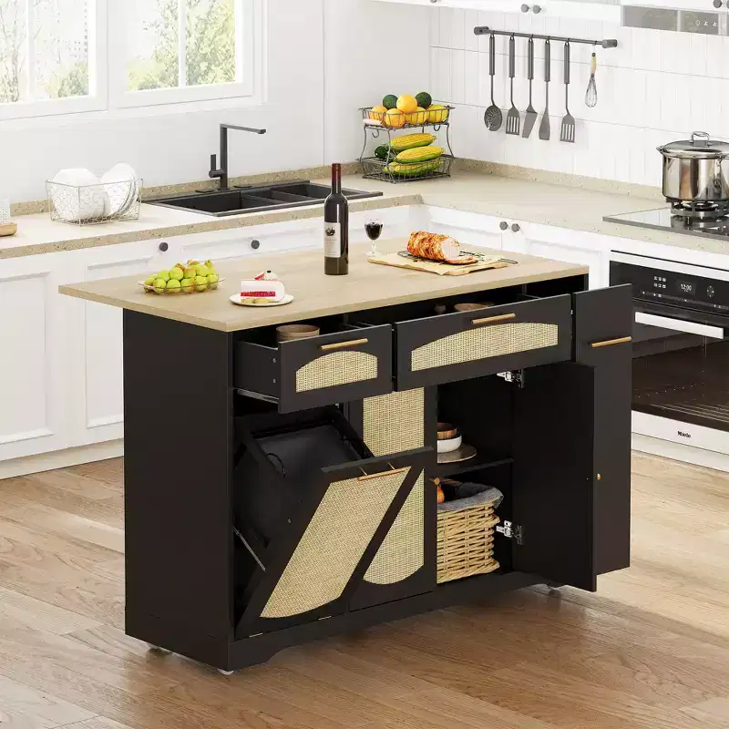 Garvee Rolling Kitchen Island Table on Wheels with Drop Leaf, Tilt Out Trash Can Cabinet, Storage Cabinet, Drawer, Spice Rack, Kitchen Cart
