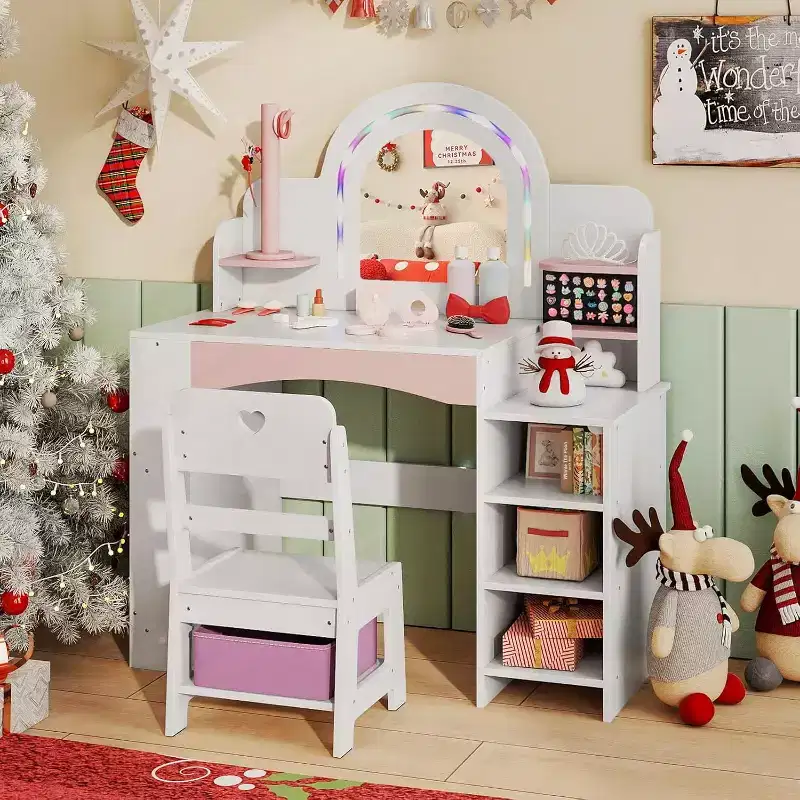 '-Girls Vanity Set for Kids with Lighted Mirror Open Bookshelf Ring Slot Jewelry Storage