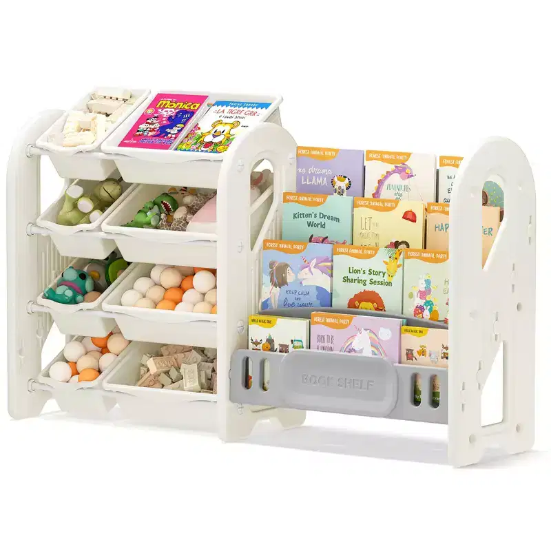Toy Storage Organizer with 4-Tier Bookshelf and 8 Bins Kids Book Rack Cabinet HDPE for Playroom Bedroom Nursery Freestanding