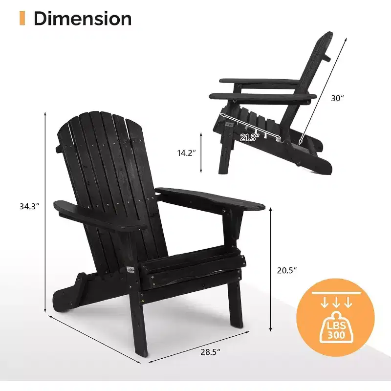 VINGLI Folding Adirondack Chairs , Wood Adirondack Chair for Outdoor, Foldable Fire Pit Chairs for Patio, BBQ, Porch, Yard, Pool, Black