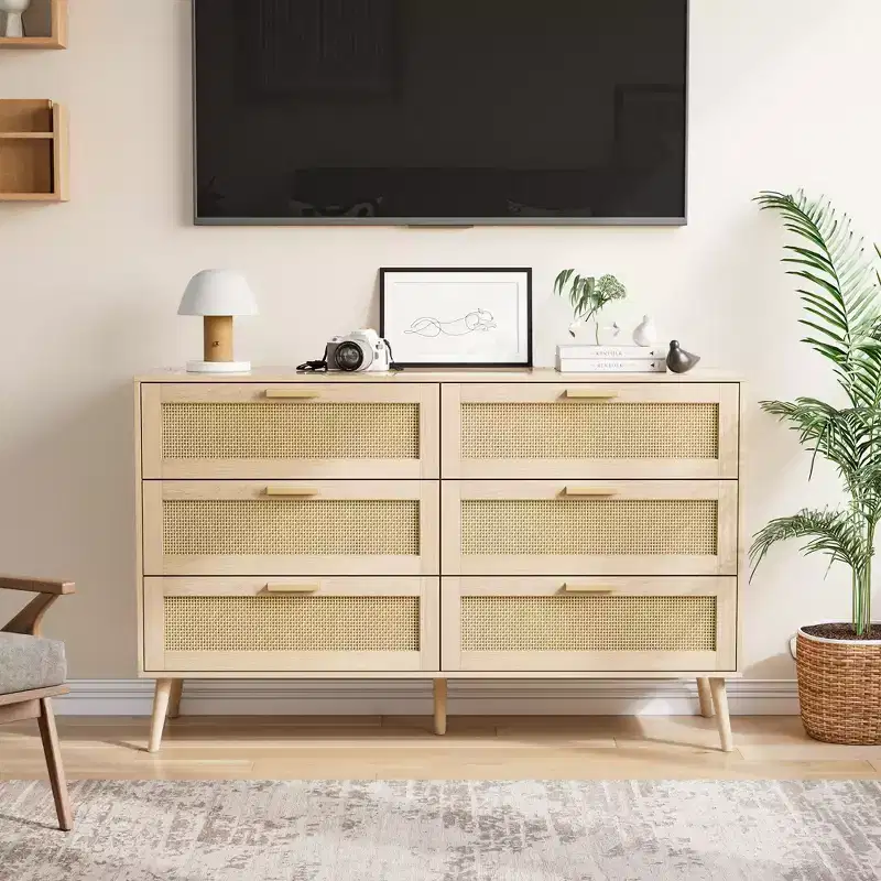 Rattan 6 Drawers Chest of Dressers for Bedroom, Modern 6 Drawer Dresser, Rattan Dresser Storage Cabinet with wood Handles