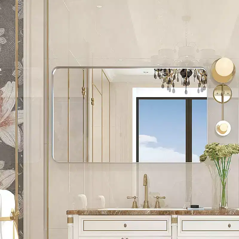 40x30 Brushed Silver Rectangular Mirror: Rounded Corners, Metal Frame, Wall Mount, Vanity Mirror