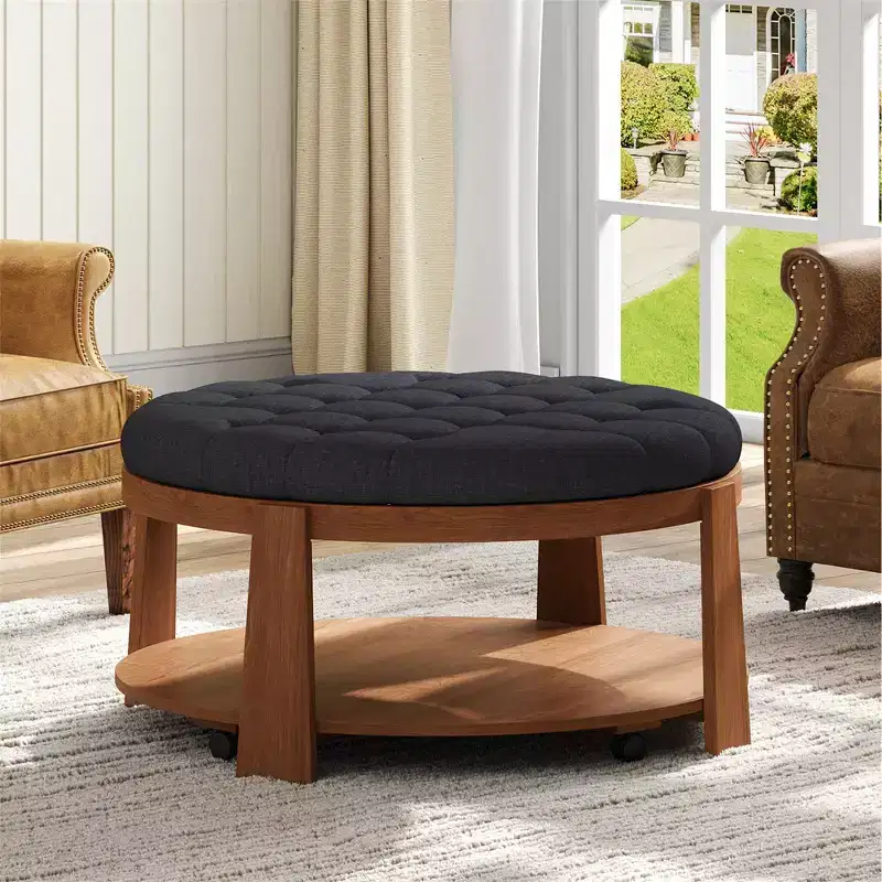 36W Upholstered Coffee Table Cocktail Table Center Table 2-Tier Ottoman Footrest with Storage Shelf and Wheels, Button Tufted and Waterproof-ModernLu