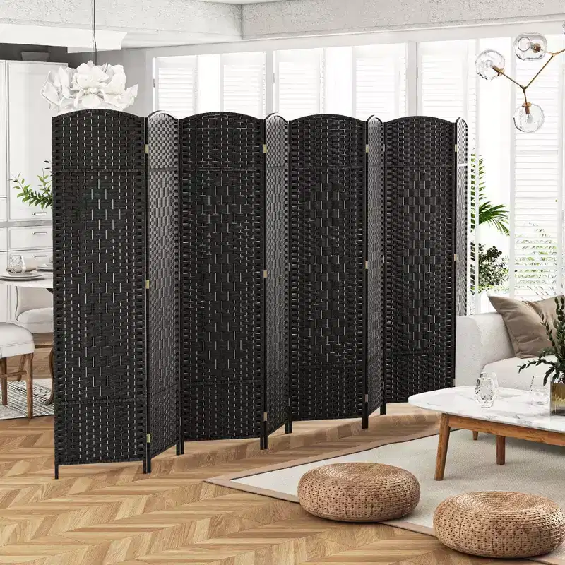 8-Panel Room Divider 6 FT Tall Folding Privacy Screen with Solid Wood Frame Brown/Black
