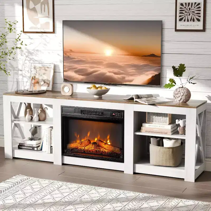 VINGLI Fireplace TV Stand up to 80 inch TVs, Farmhouse Entertainment Center with Electric Fireplace Heater & Adjustable Shelves