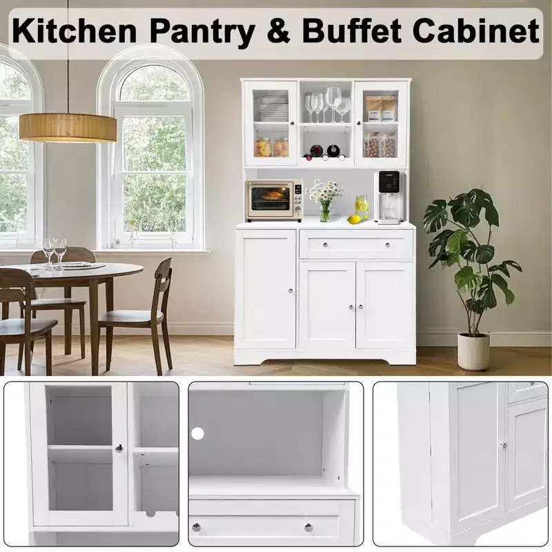 68 Inch Tall Kitchen Pantry Cabinet, Modern White Stand with Doors, Wine Racks, Door Shelves, Drawer Storage for Dining Room Living Room