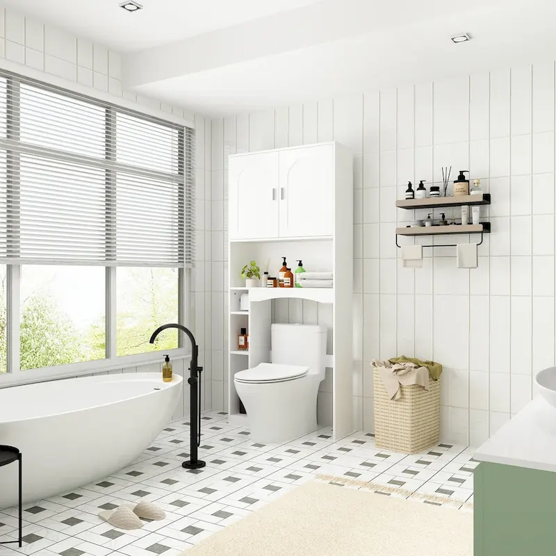 Over-the-Toilet Storage Cabinet with Door – White, MDF, Molded Door Design
