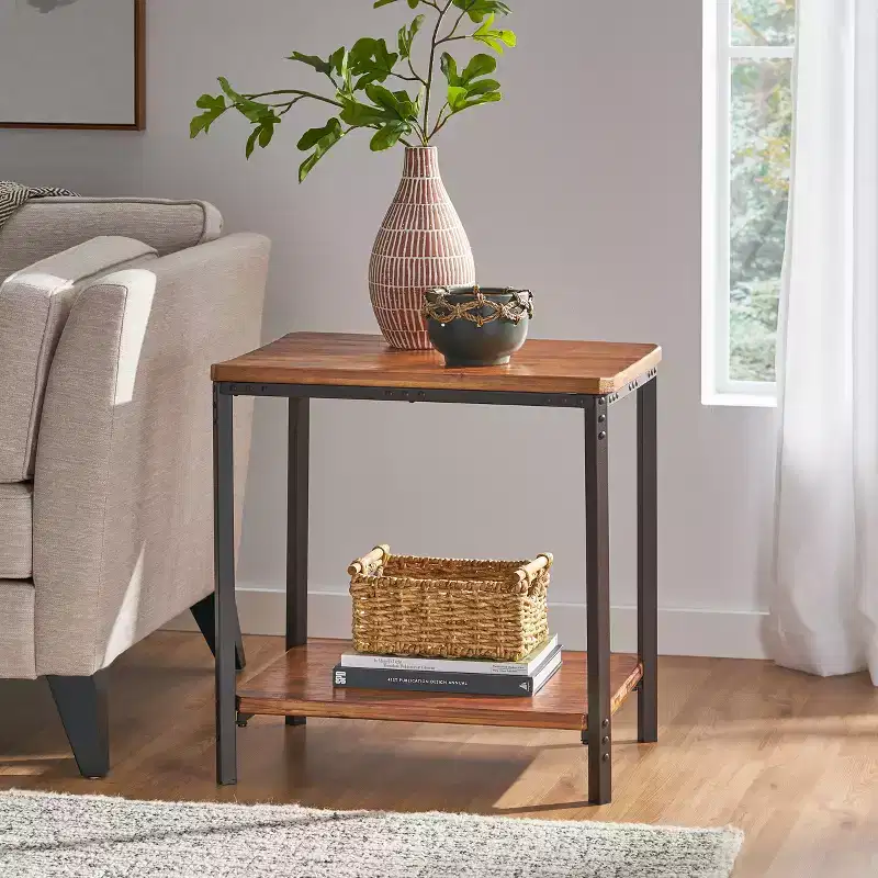 GDFStudio Ronan Rustic Wood and Metal End Table with Storage Shelf