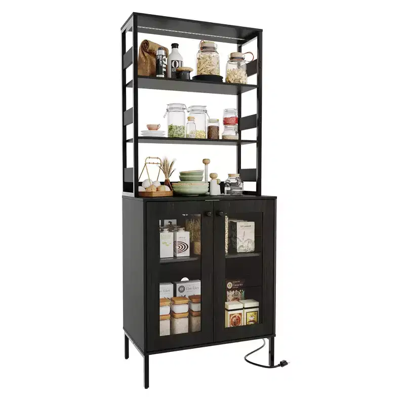 66.9 Kitchen Bakers Rack with Power Outlet, Pantry Storage Cabinet with LED Lights, Glass Door Bar Cart for Dining Room, Living Room