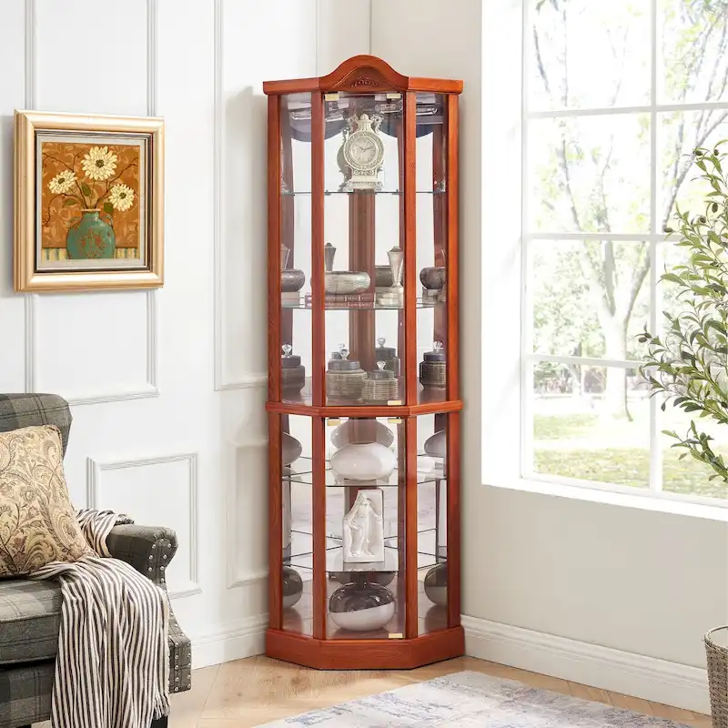 Glass Lighted Corner Display Curio Cabinet, With Light Bar Cabinet,Wine Cabinet with Adjustable Glass Shelves Carved Decoration