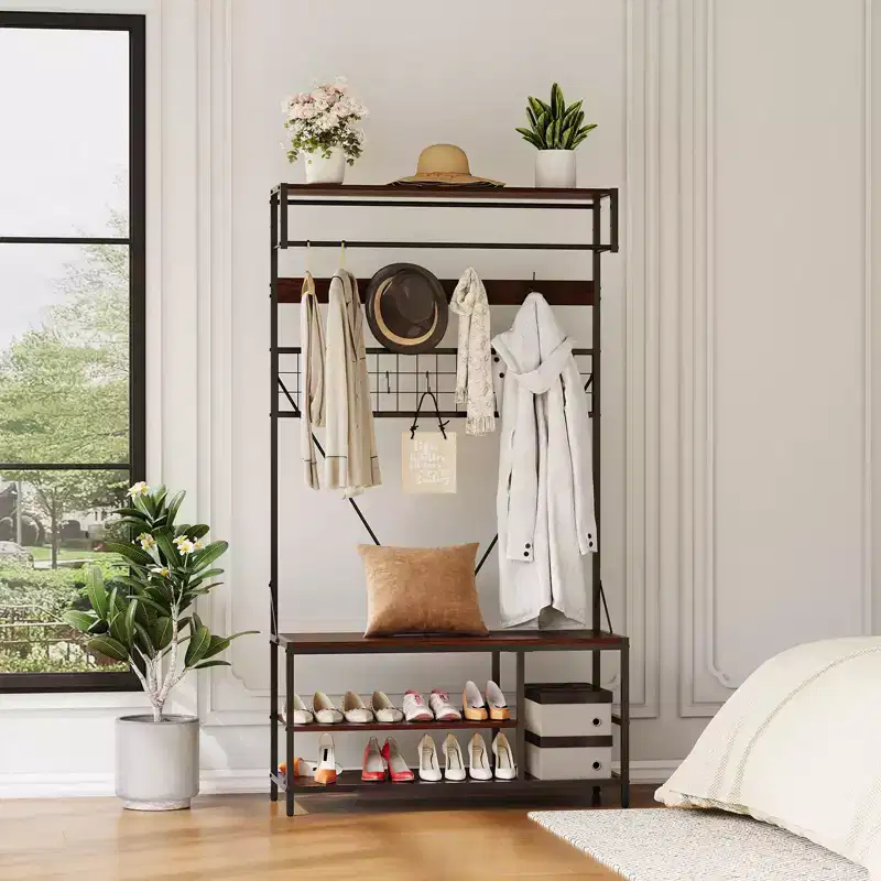5-in-1 Entryway Hall Tree with Bench, Coat Rack, Adjustable Shoe Storage Shelf, Hanging Rod & 9 Hooks, for Hallway, Mudroom & Bedroom