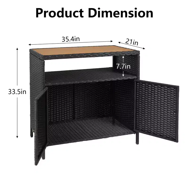 Outdoor Patio Bar Table w/2-Door and Shelf Patio Wicker Storage Cabinet, Powder Coated Steel, All Weather Resin Wicker, Patio Pool Garden, Kitchen