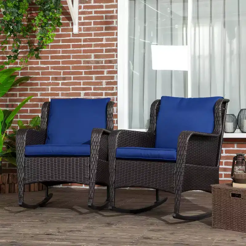 2 Piece Outdoor Wicker Rocking Chairs, Rattan Rockers with Cushions, Steel Frame for Patio, Garden
