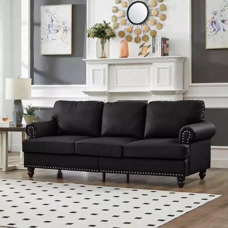 MAYEERTY 83 Modern Three Seater Sofa with Nails Upholstered Initation Cowhide Leather for Living Room Black