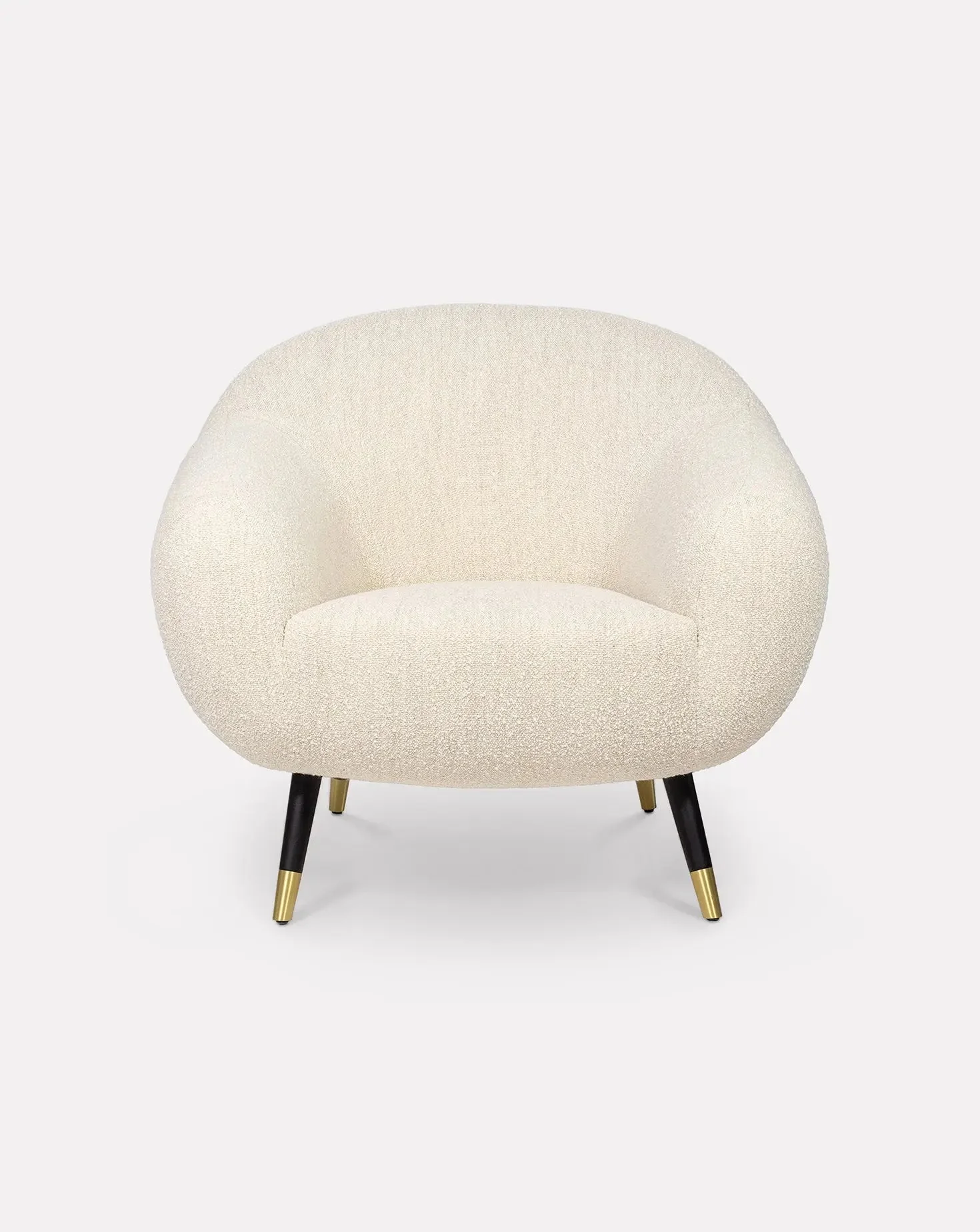 Sculptural Curved Oak Base Brass-Foot Upholstered Armchair