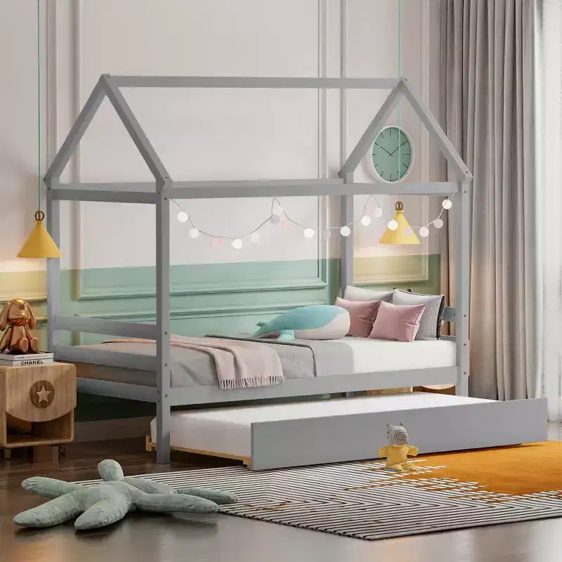 Costway Twin House Bed Frame w/ Trundle Roof Wooden Platform Mattress Foundation