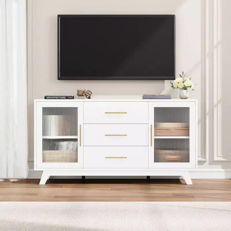 COZONY 56 Sideboard Buffet Cabinet with 2 Fluted Glass Doors, 3 Large Drawers Modern Coffee Bar for Kitchen Dining Living Room