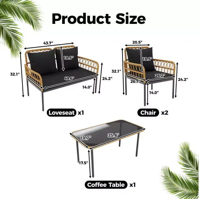 Boho Style 4-Piece Outdoor Patio Furniture Set - All-Weather Wicker Rattan Loveseat, Sturdy Metal Frame, Glass Table & Thick Cushions