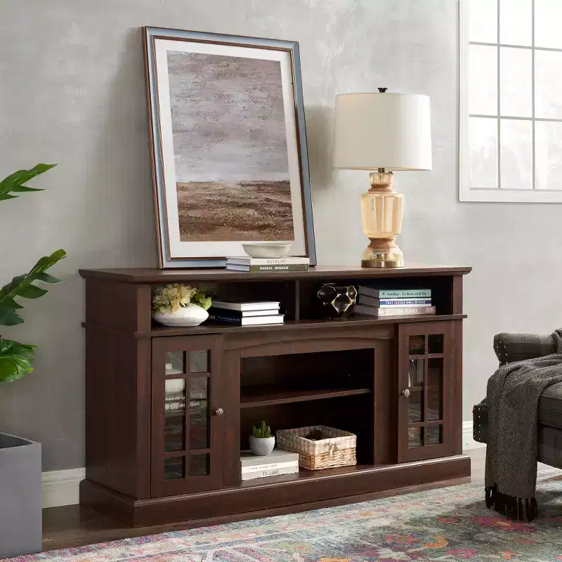 Classic TV Stand Entertainment Center with Large Storage Cabinets with Glass Doors Media Furniture with Open Storage Space for Living Room