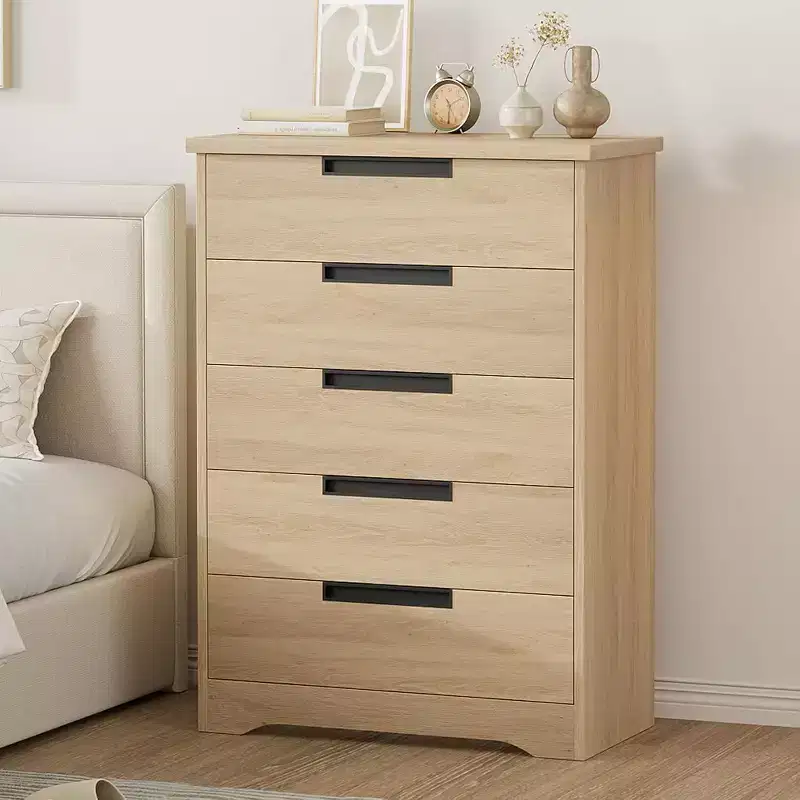 5 Drawer Dresser for Bedroom, Natural Chest of Drawers with Embedded Handles, Wooden Dresser Organizer for Living Room, Nursery, Hallway