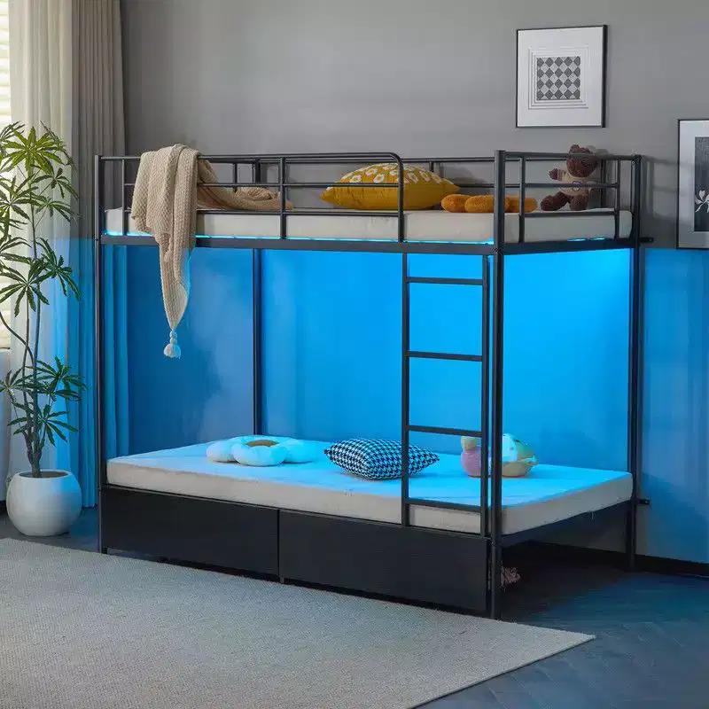 Karl Home Black Metal Twin Over Twin Bunk Bed with 2 Drawers and Charging Station