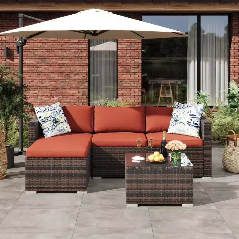 5-Piece Outdoor Patio Furniture,PE Rattan Sectional Sofa Chiar with Ottoman&Glass Coffee Table,All-Weather Conversation Set for Garden Backyard Porch