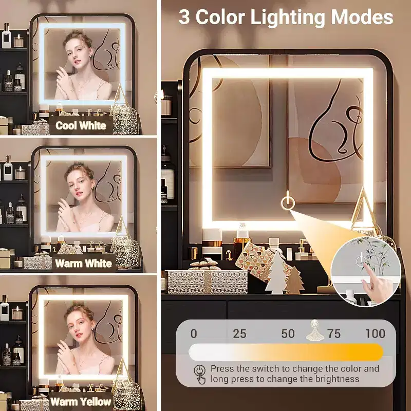 Makeup Vanity Set with Mirror and Lights, Modern Vanity Set with Hidden Storage Stool, 2 Large Drawers, 3-Tier Open Shelves, for Bedroom