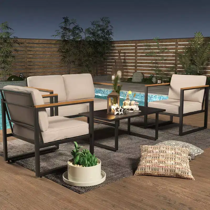 4-Piece Patio Furniture Set - Outdoor Conversation Set with 2 Chairs & Coffee Table, Beige Cushions for Pool Garden Balcony