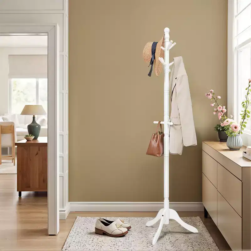Cloud White / Dark Walnut Free-Standing Coat Rack, 10 Hooks, Single-User
