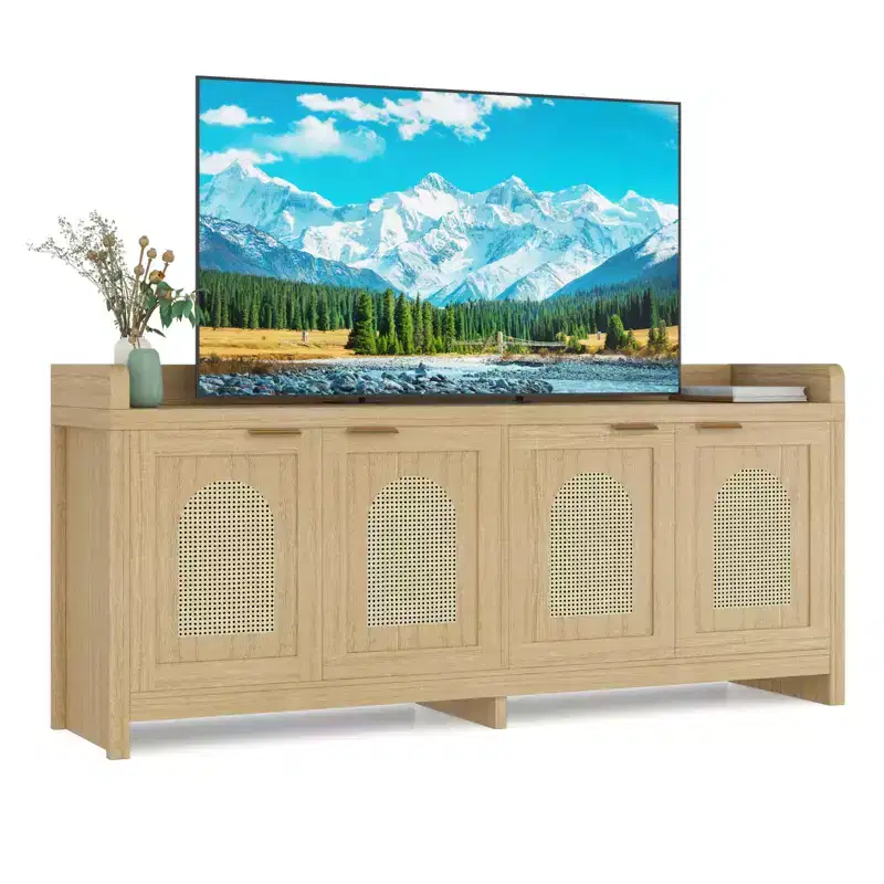 Mid Century Modern TV Stand for 65 Inch TV, Modern Entertainment Center with Storage Cabinet & 4 Doors, 59 Inch Console Table for Living Room