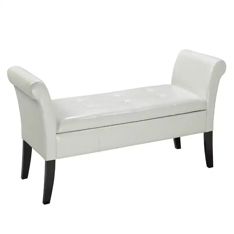 Tufted Accent Storage Bench with Rolled Arms & Splayed Legs, Espresso Vinyl