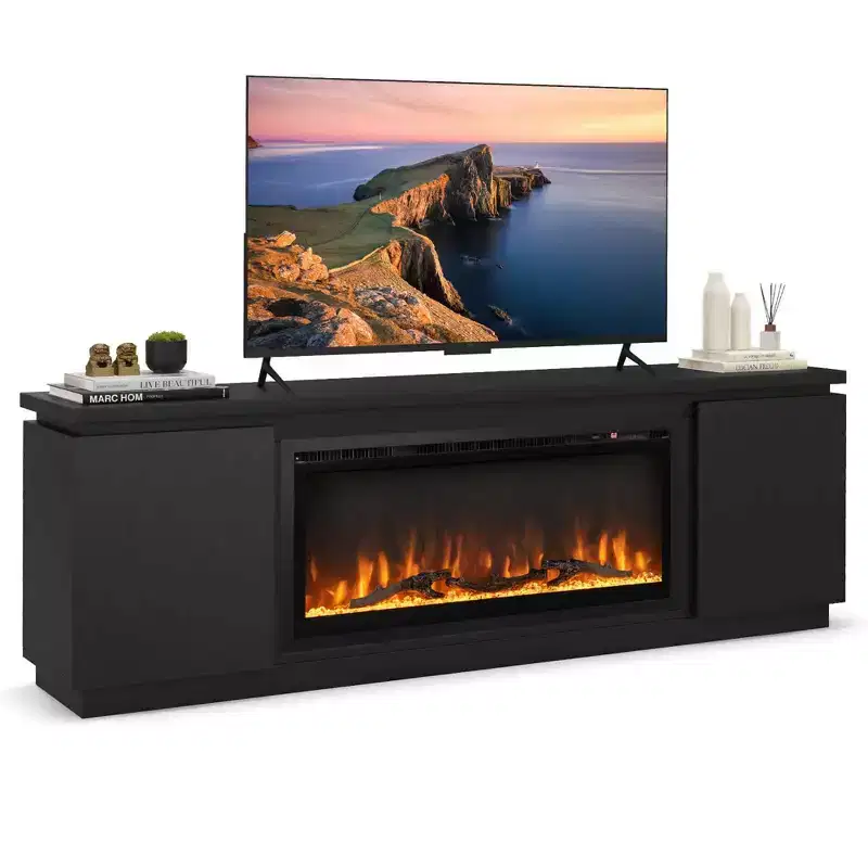 Fireplace TV Stand for TVs up to 80'', Electric Fireplace with 3 Adjustable Shelves, Black/White