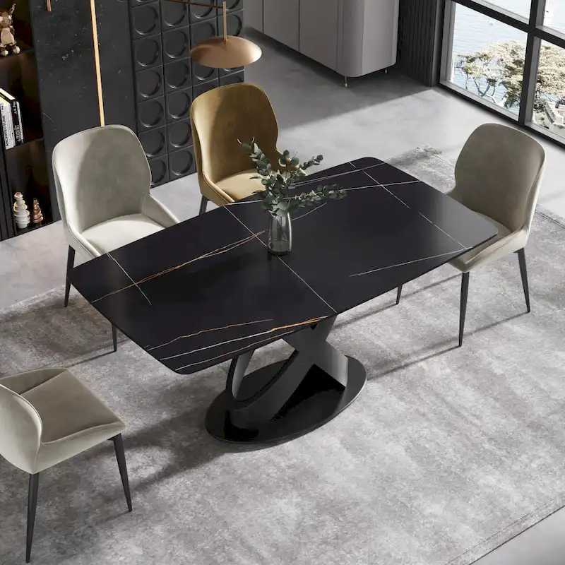 63-Inch Dining Table with Sintered Stone Tabletop and Metal Base