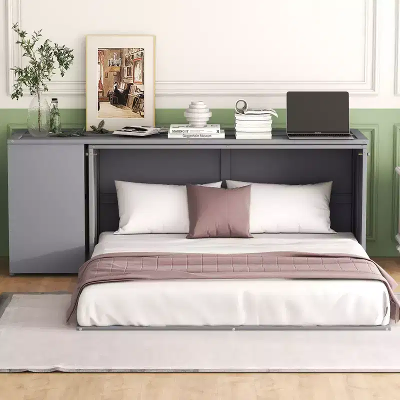 Queen Size Murphy Bed with Rotable Desk, Cabinet Beds Foldable Wall Bed Frame for Guest Room Home Office