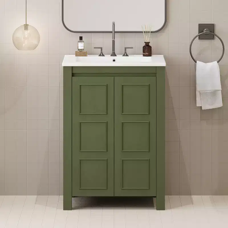 24 in Small Bathroom Vanity with Soft-Close Doors, Freestanding Cabinet with Adjustable Shelf, Olive Green, 24x18.3x33.8 in