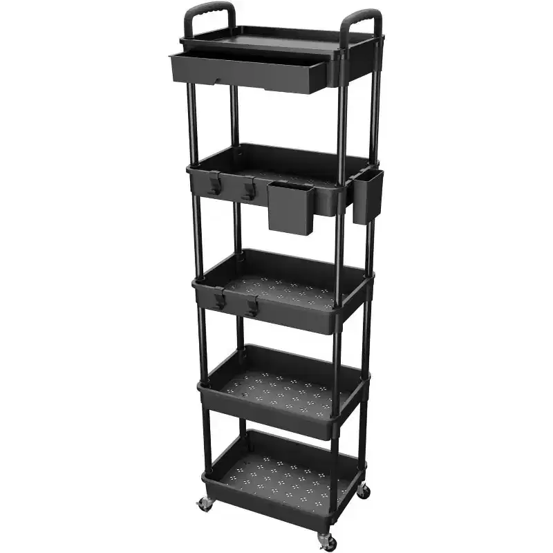 5 Tier Rolling Utility Cart with Drawer, Plastic Storage Organizer with Lockable Wheels