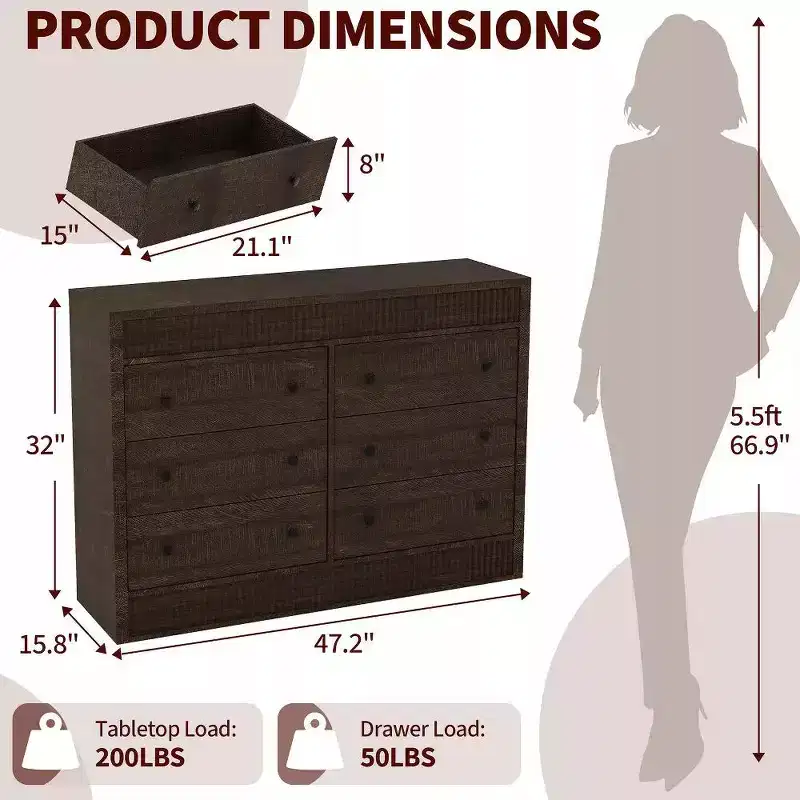 47 Fluted 6-Drawer Dresser, Double Fluted Design Wood Storage Chest for Bedroom, Nursery, or Living Room