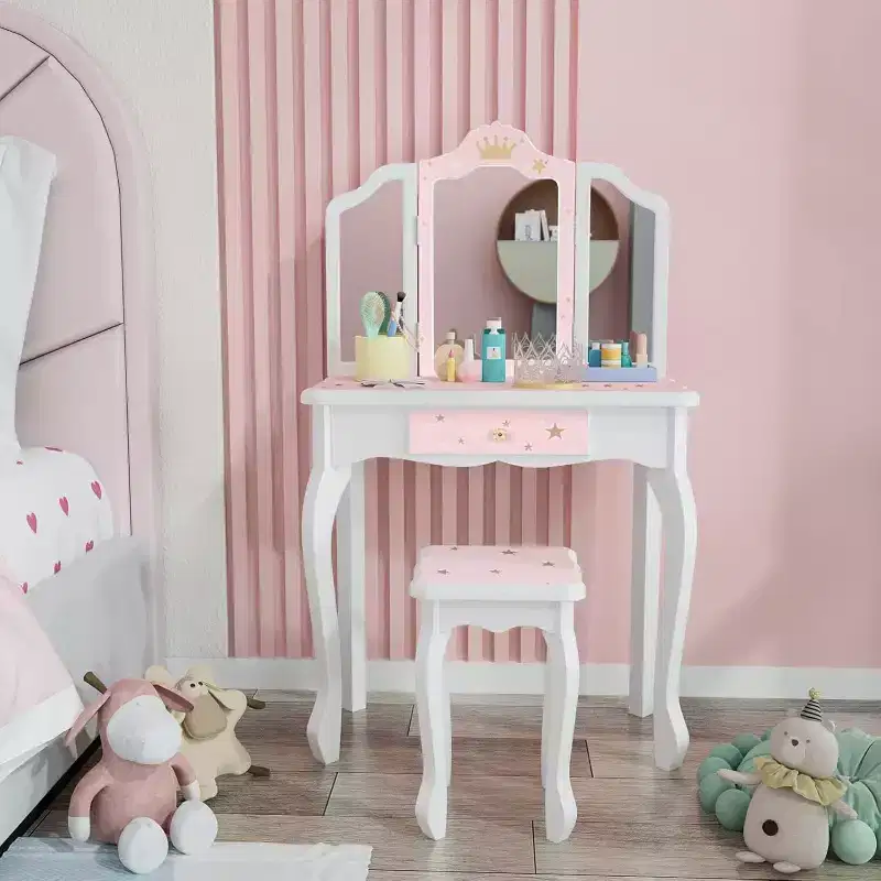 JOYMOR Kids Vanity 2-in-1, Tri-Folding Mirror, Large Drawer, Solid Wooden Legs, Age 4-9, Pink