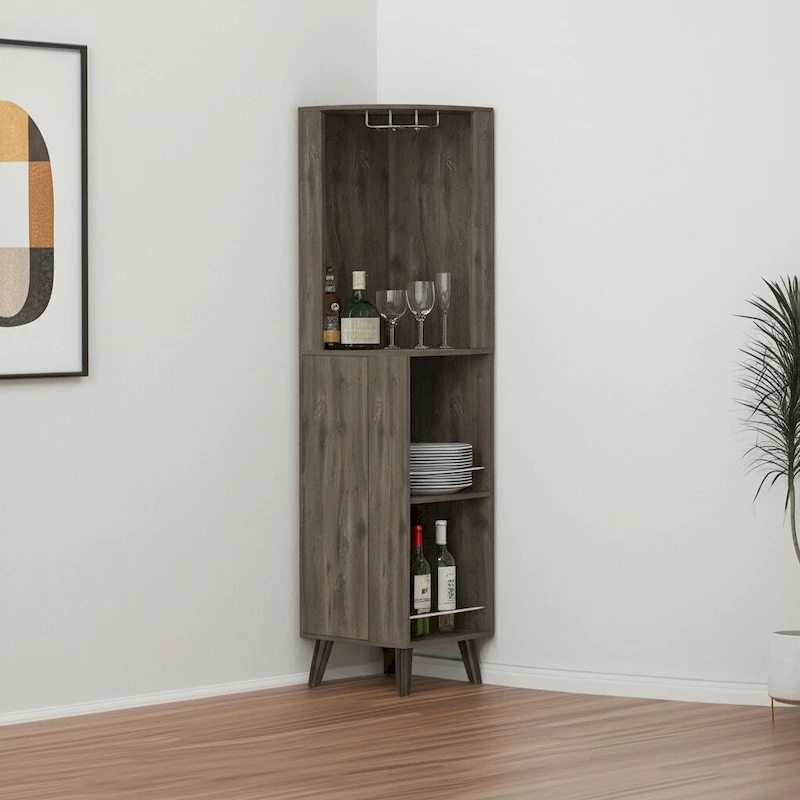 HomeRoots 73 Dark Brown Wood Corner Bar Cabinet With One Drawer