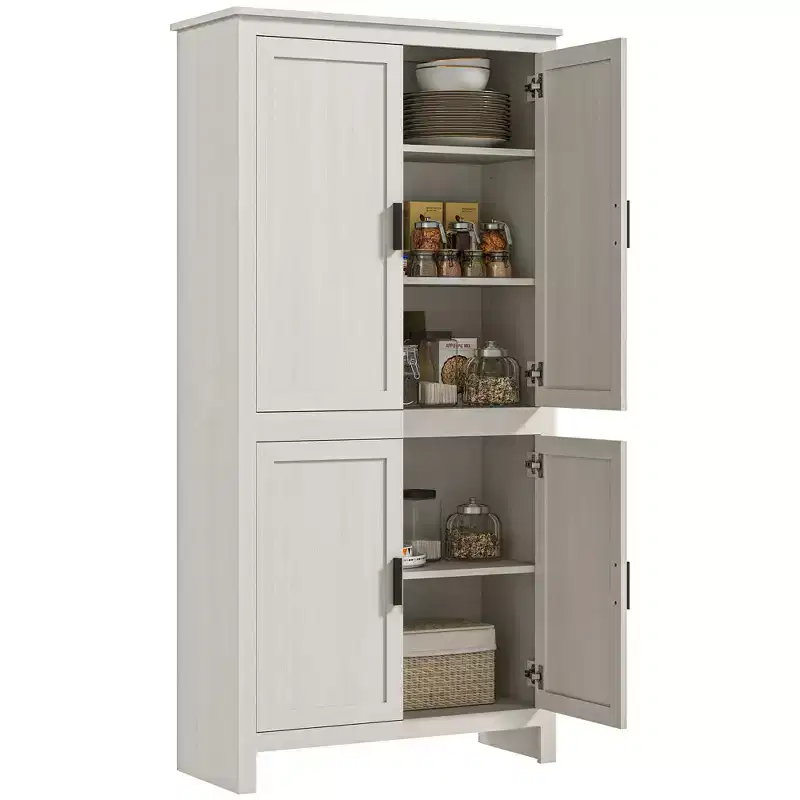 64 4-Door Kitchen Pantry, Freestanding Storage Cabinet with 3 Adjustable Shelves for Kitchen, Dining or Living Room, Antique White