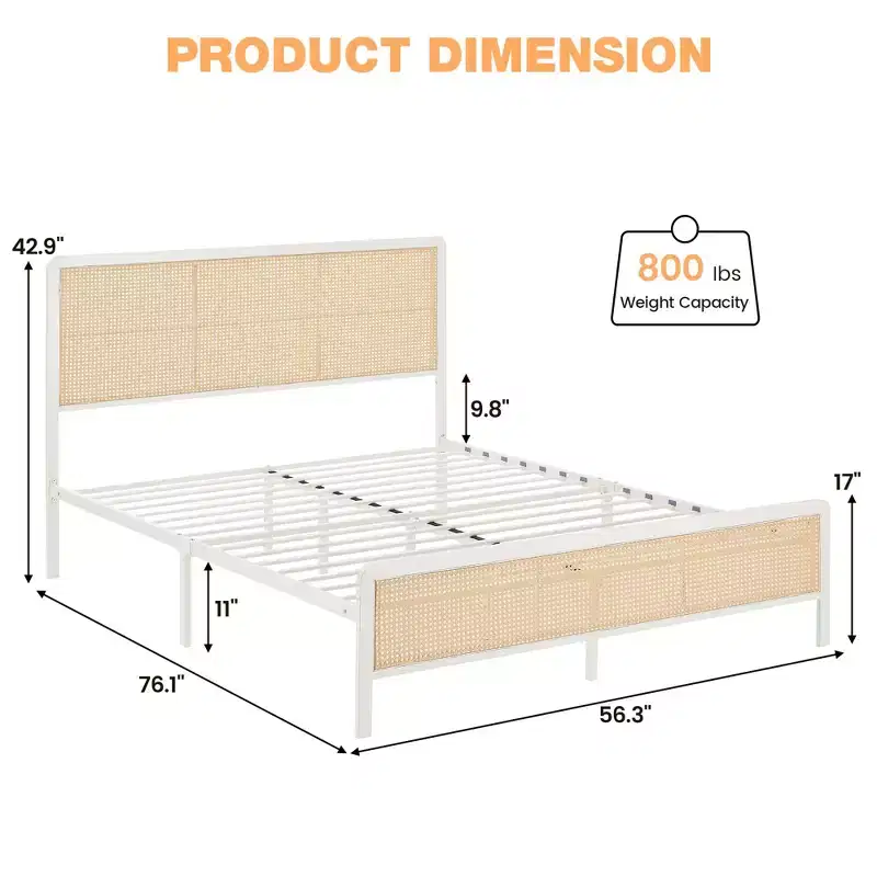 Rattan Bed Frame , Boho Bed Frame with Headboard and Footboard, Heavy Duty Sturdy Steel Slat Support, No Box Spring Needed