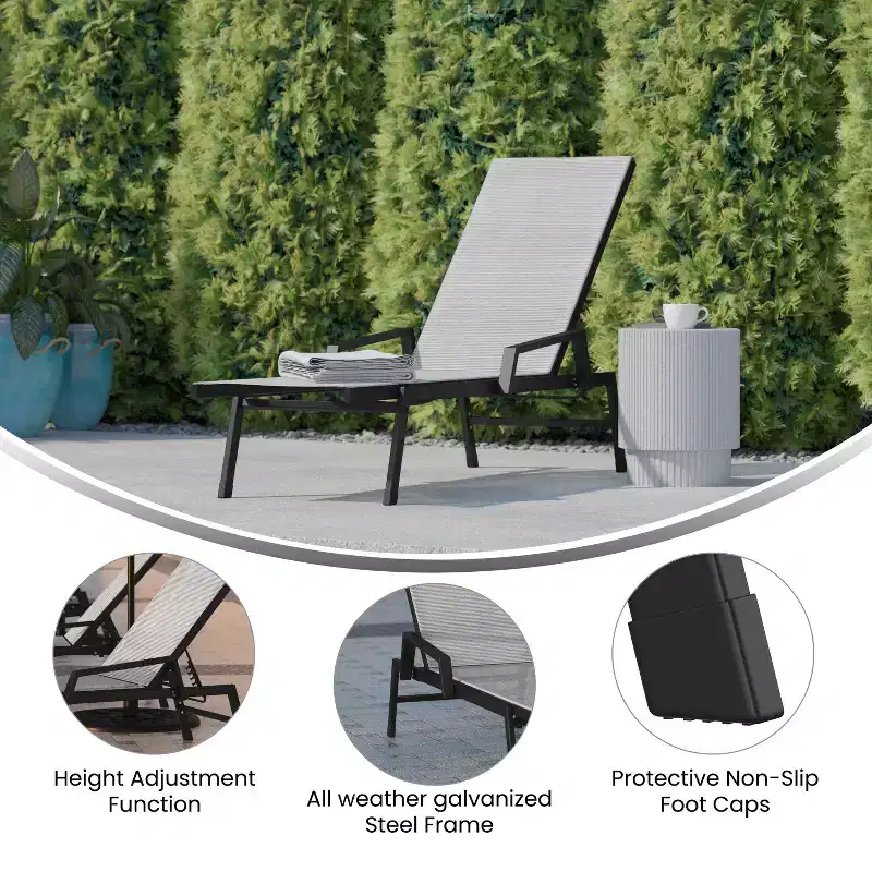Emma and Oliver Textilene Adjustable 5 Position Patio Chaise Lounge with Armrests and Metal Frame