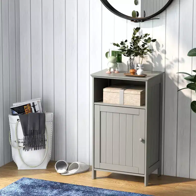 Costway Bathroom Floor Cabinet Single Door Side Cabinet w/ Open Compartment & 3-Position Adjustable Shelf White/Grey