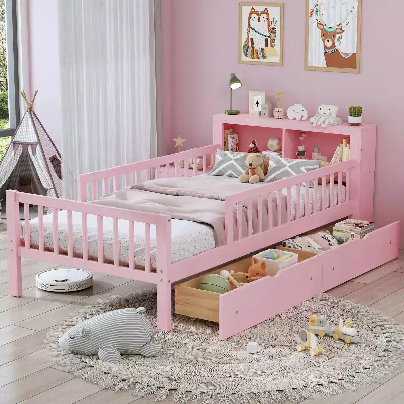 Twin Size Bed with Headboard Storage Storage Rack Two Under Bed Drawers Three Side Guardrails for Bedroom Pink