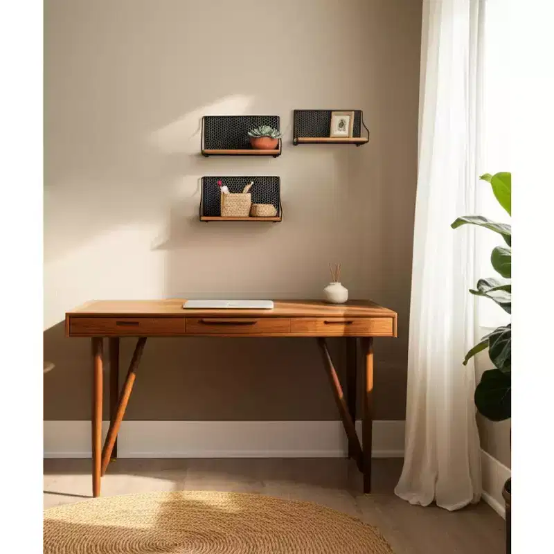 Wall Storage Shelves - Boho Metal & Wood Hanging Shelves with Veneer Finish - Iron Frame - Decorative Floating Shelves for Home & Office