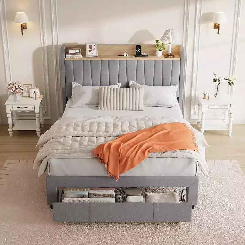 Full Size Upholstered Platform Bed with Storage Headboard, Charging Station, Storage Drawer, Wooden Slat Support, Noise-Free, Beige