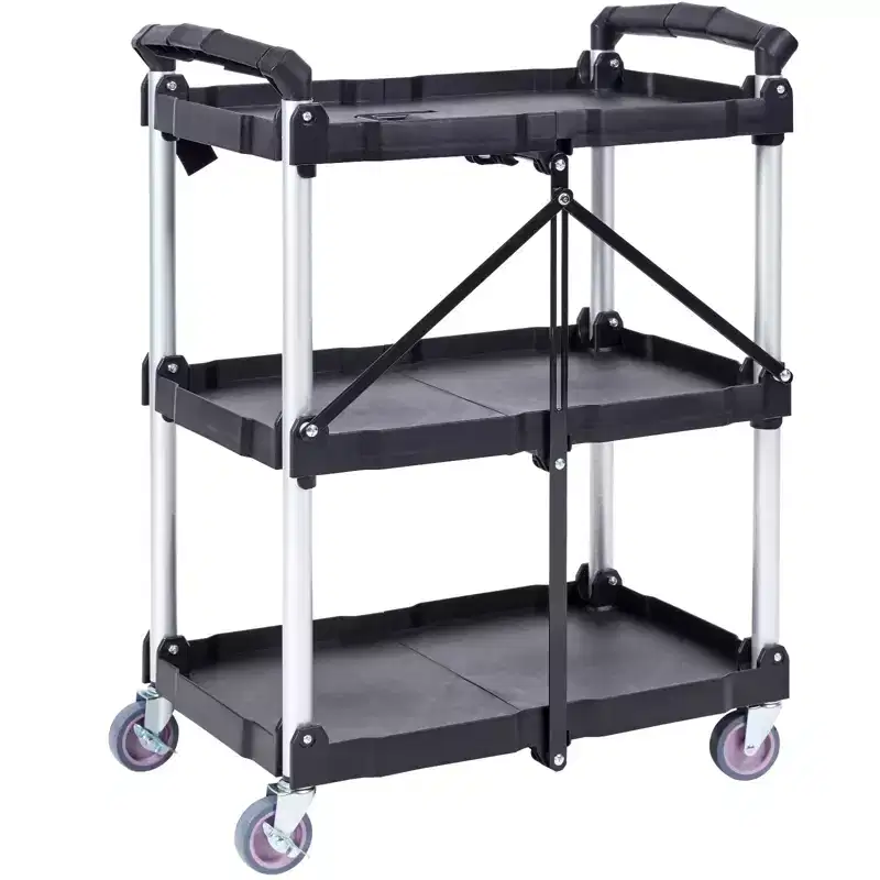 Foldable Utility Service Cart, 3 Shelf 165LBS Heavy Duty Rolling Cart, Portable Garage Tool Cart for Warehouse/Office/Home