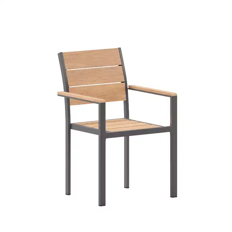 Flash Furniture Finch Commercial Grade Patio Chair with Arms, Stackable Side Chair with Faux Teak Poly Slats and Metal Frame